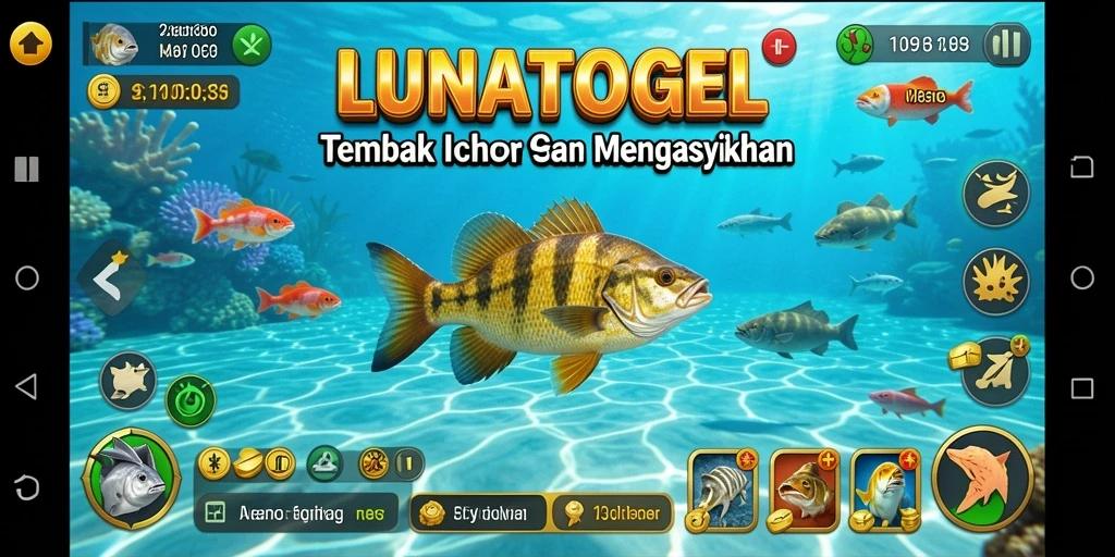 Tangkapan layar LUNATOGEL menampilkan aksi menembak ikan yang seru.
