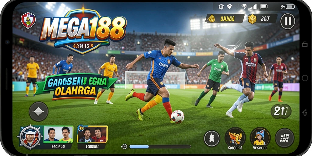Screenshot gameplay MEGA188 menunjukkan pertandingan olahraga yang mendebarkan.